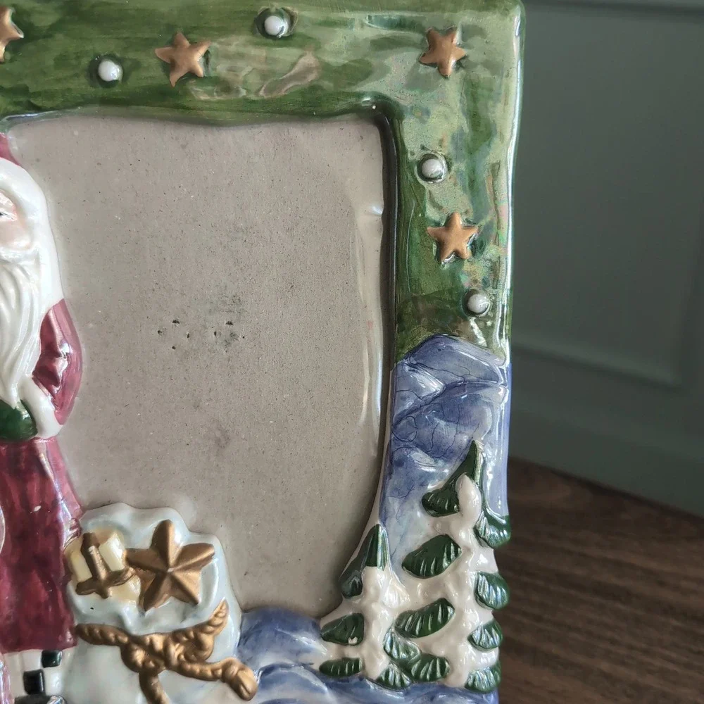 Vintage Hand Painted‎ Ceramic Santa Picture Frame Christmas Glossy Holiday Decor